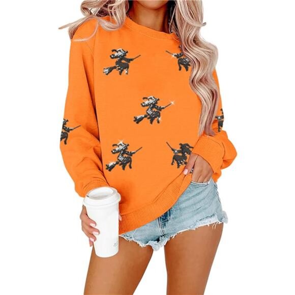 Sweaters - Halloween Sweatshirt – Sequin Ghost Graphic Pullover Crewneck Sweater